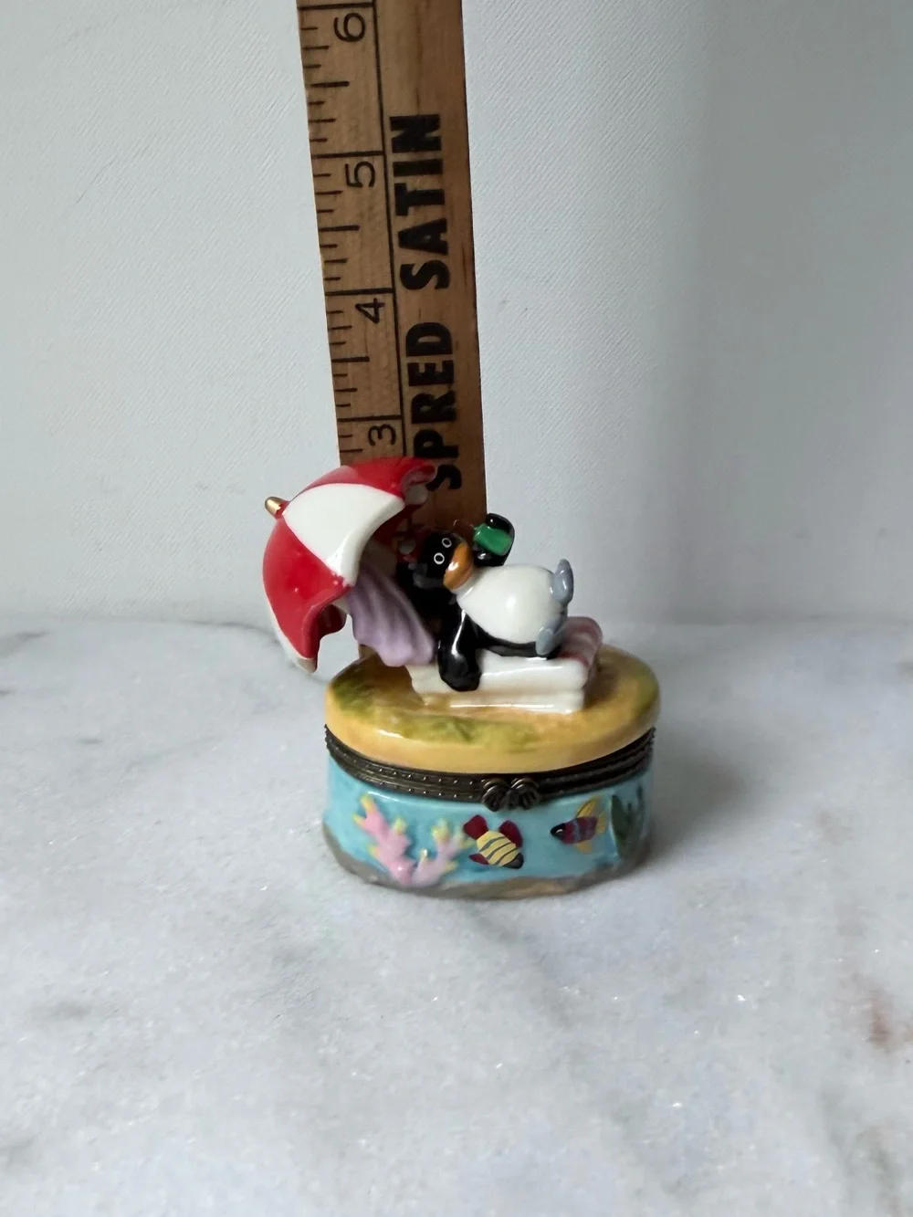 Hand-Painted Penguin Trinket Box with Red Umbrella